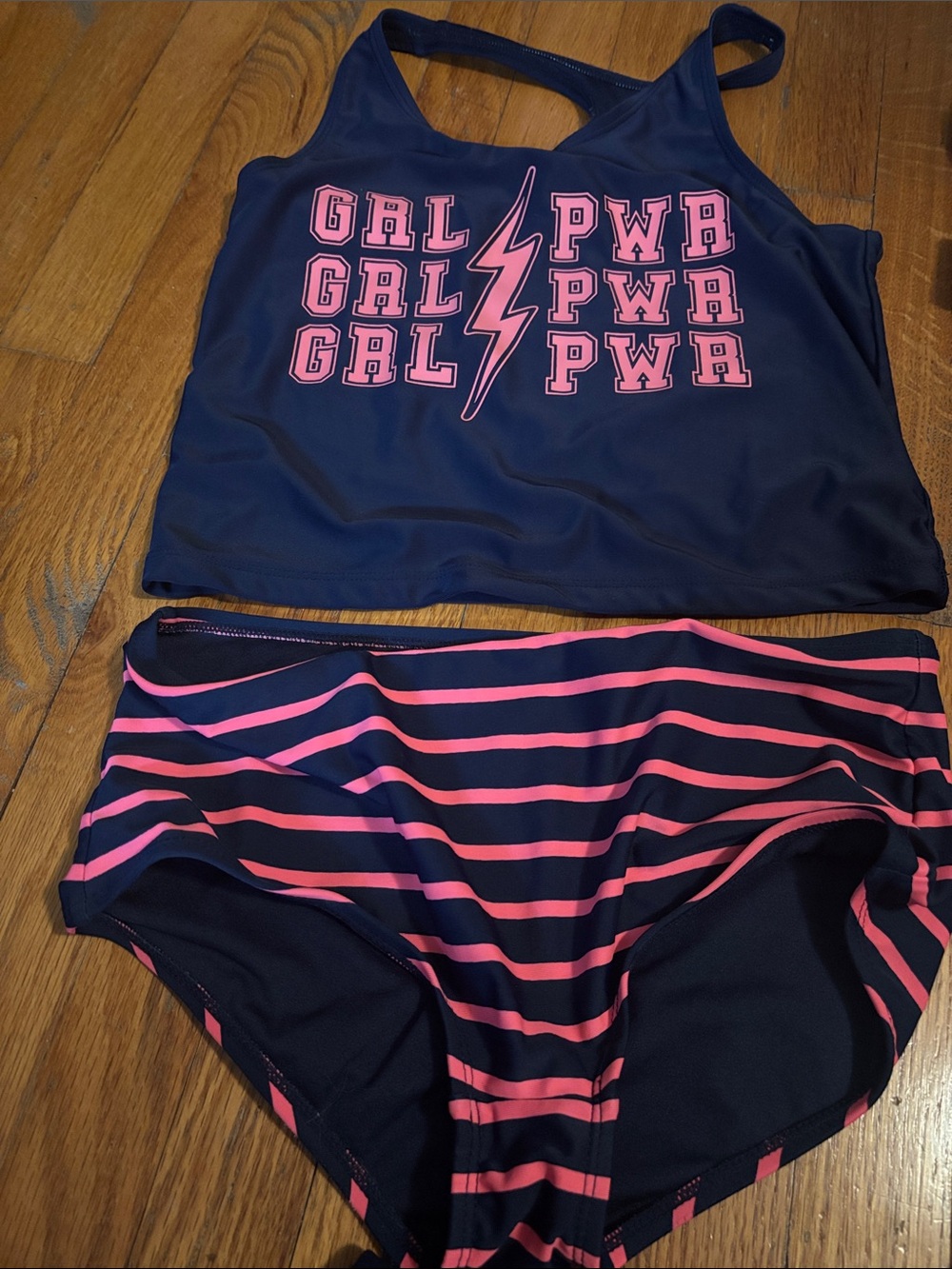 GAP Navy and Pink Girls Two-Piece Swim Set with GRL PWR Graphic